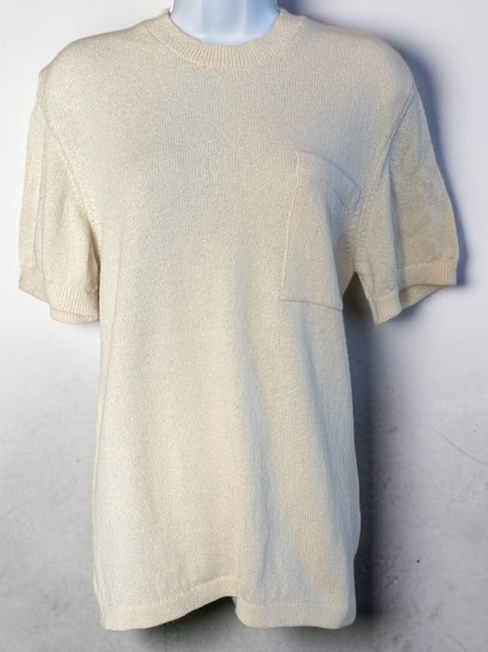 Zara Ivory Knit Short Sleeve Sweater Pocket Top Cotton Blend Size M